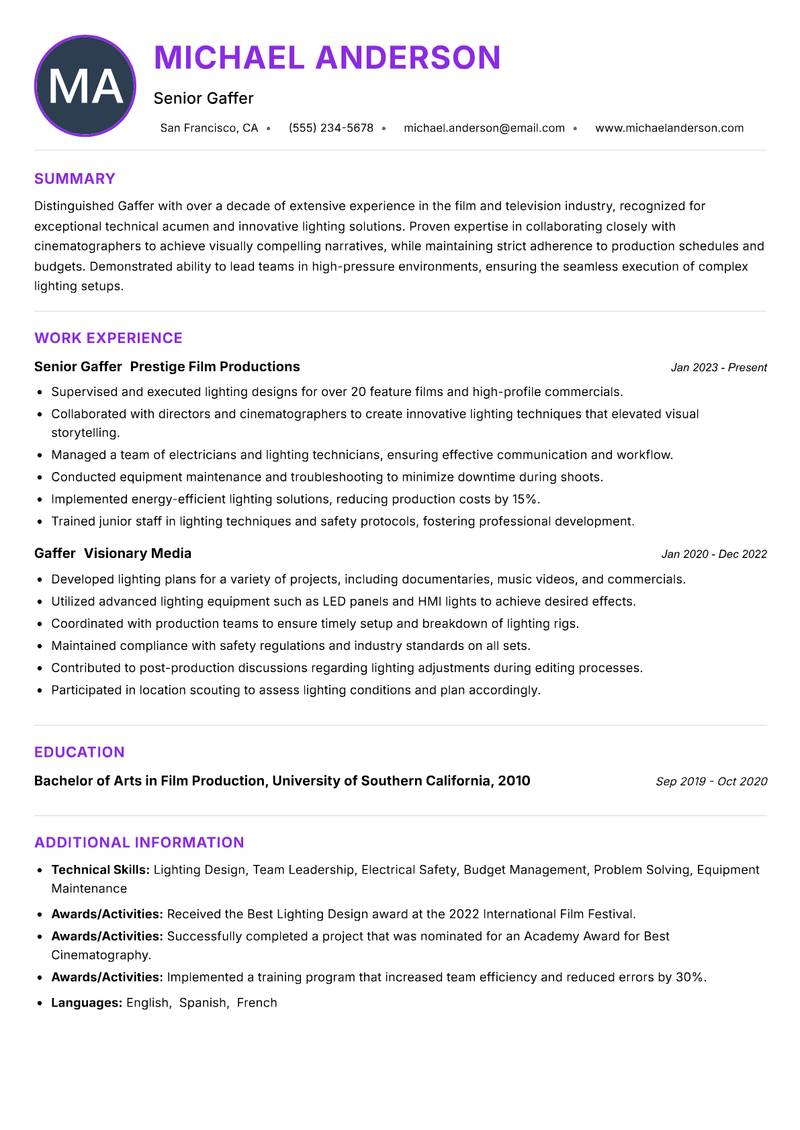 Gaffer Resume Preview Example