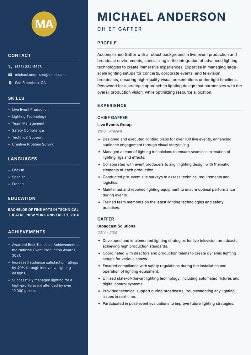 Gaffer Resume Preview Example