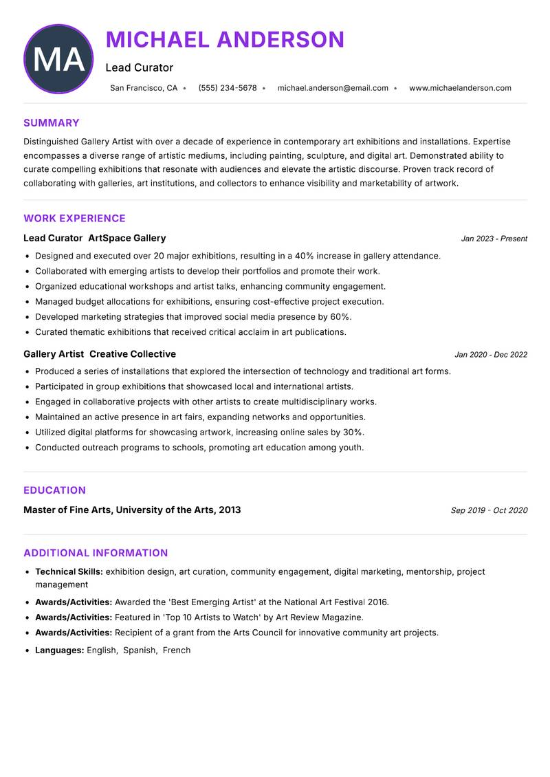 Gallery Artist Resume Preview Example