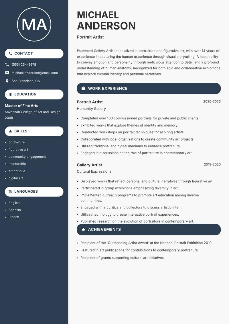 Gallery Artist Resume Preview Example