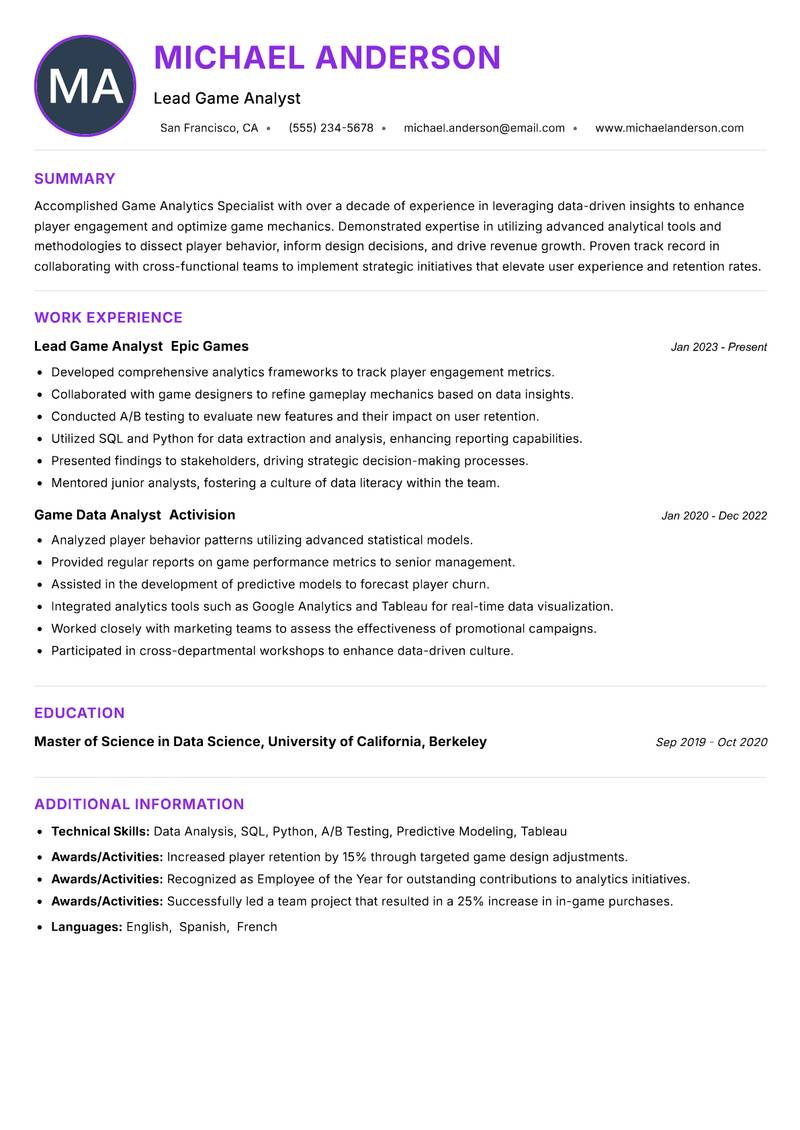 Game Analytics Specialist Resume Preview Example