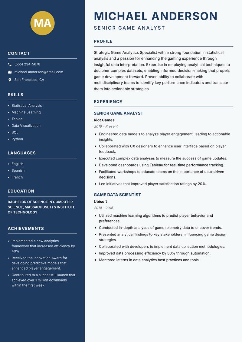 Game Analytics Specialist Resume Preview Example