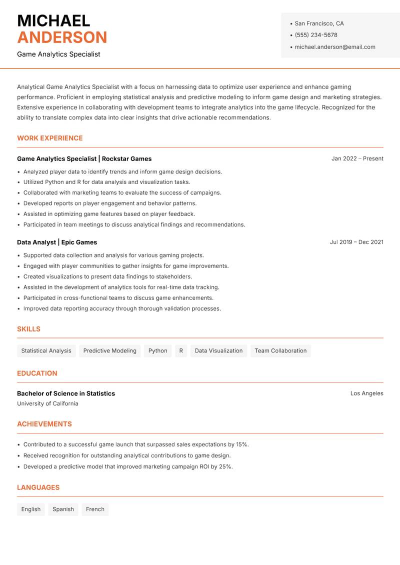 Game Analytics Specialist Resume Template