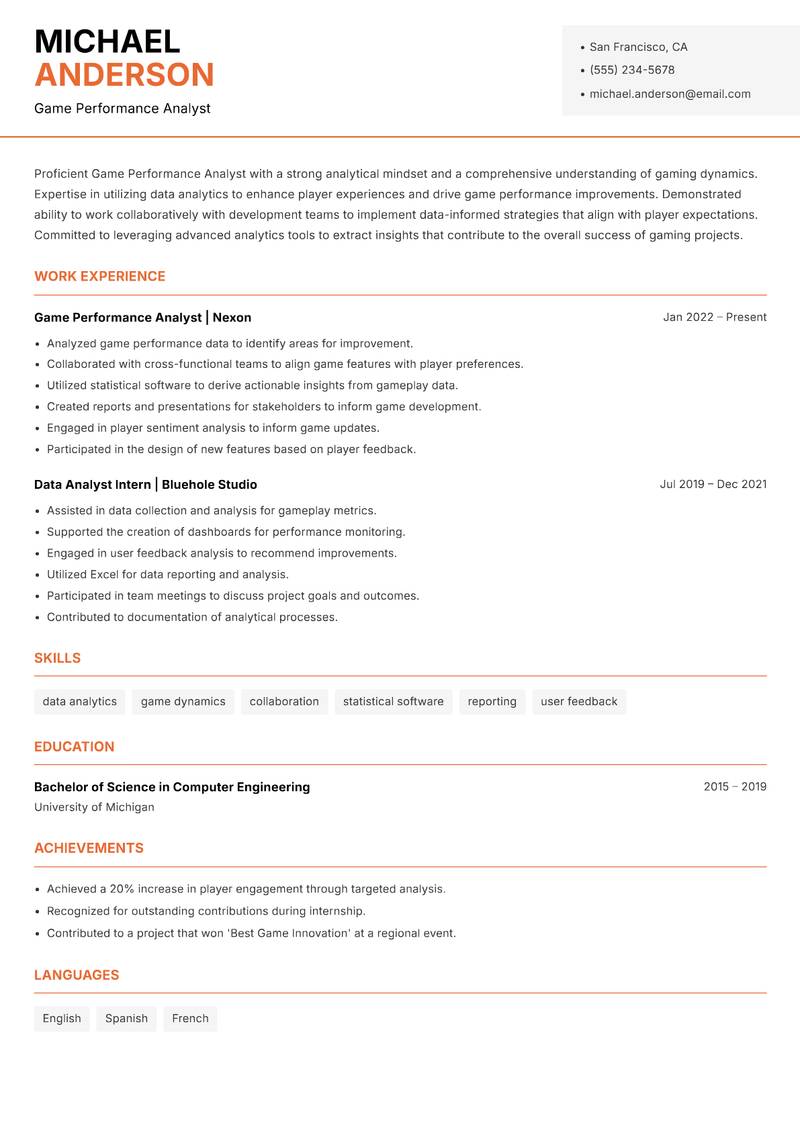 Game Performance Analyst Resume Template