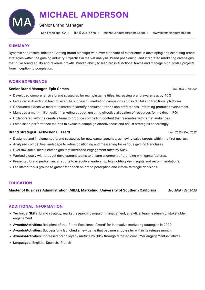 Gaming Brand Manager Resume Preview Example