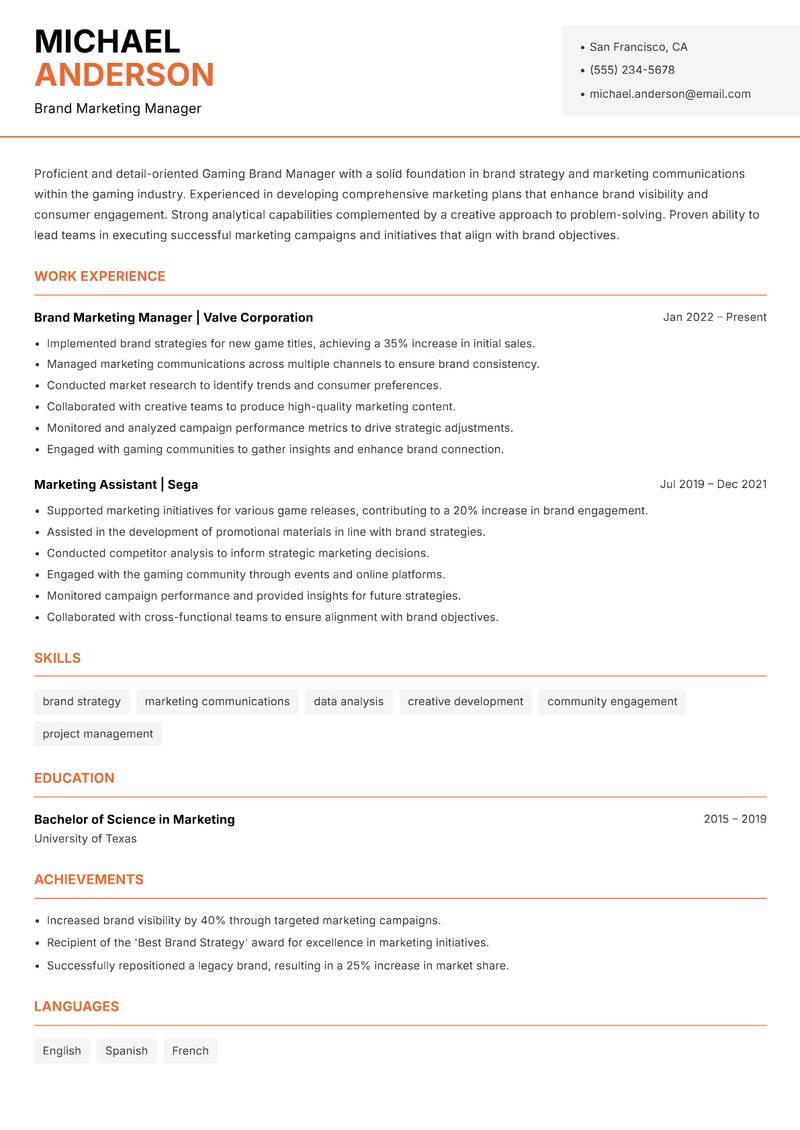 Gaming Brand Manager Resume Template
