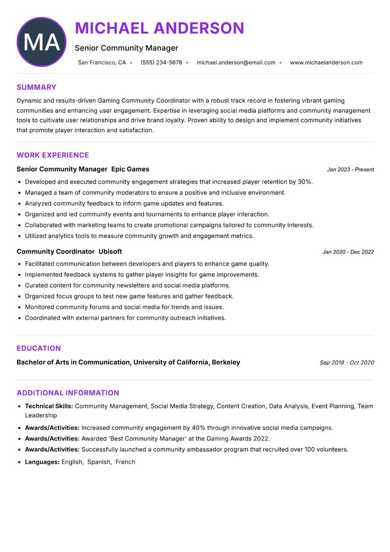 Gaming Community Coordinator Resume Preview Example