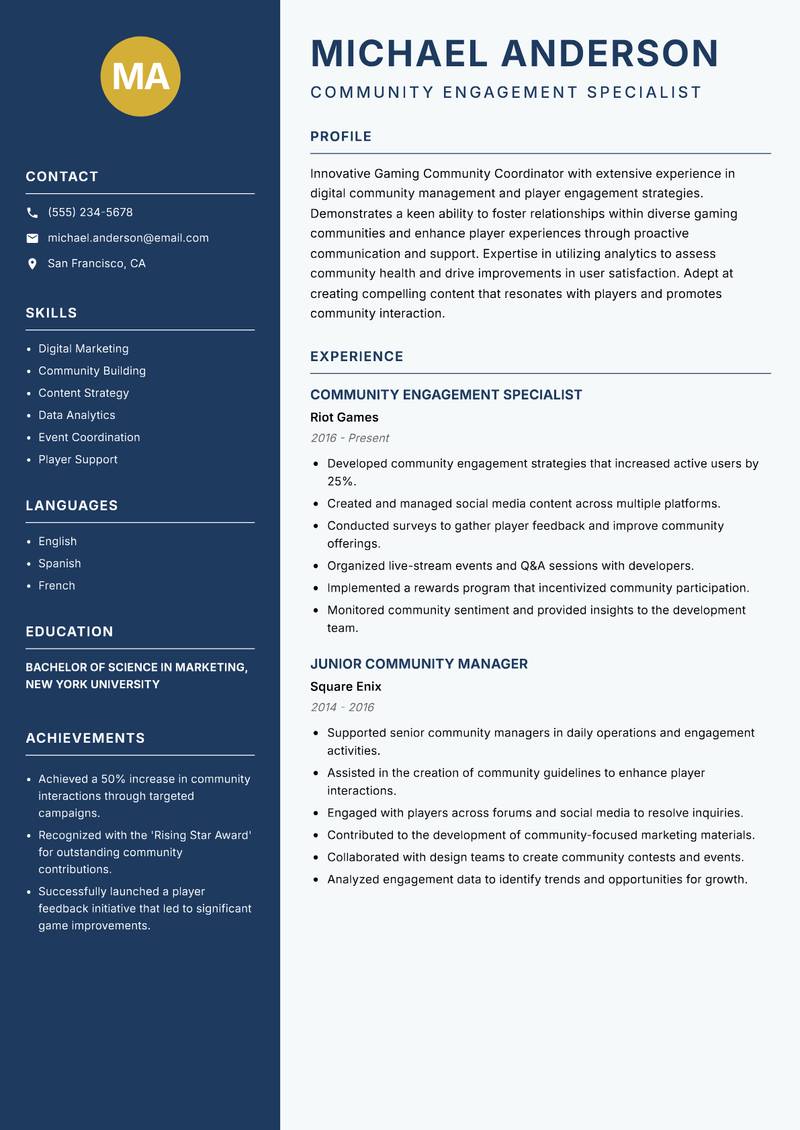 Gaming Community Coordinator Resume Preview Example