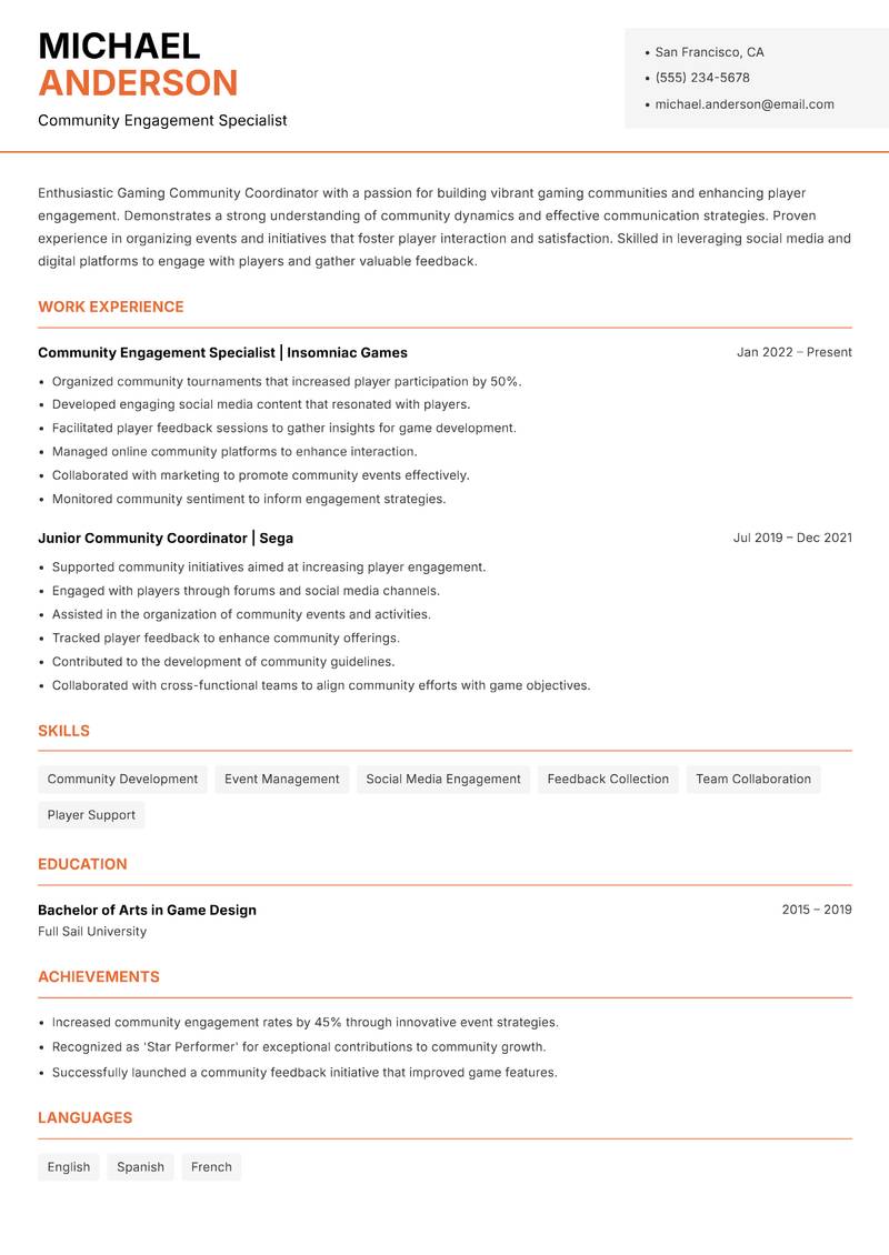 Gaming Community Coordinator Resume Template
