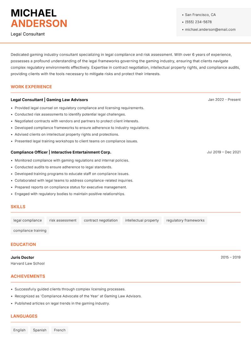 Gaming Industry Consultant Resume Template