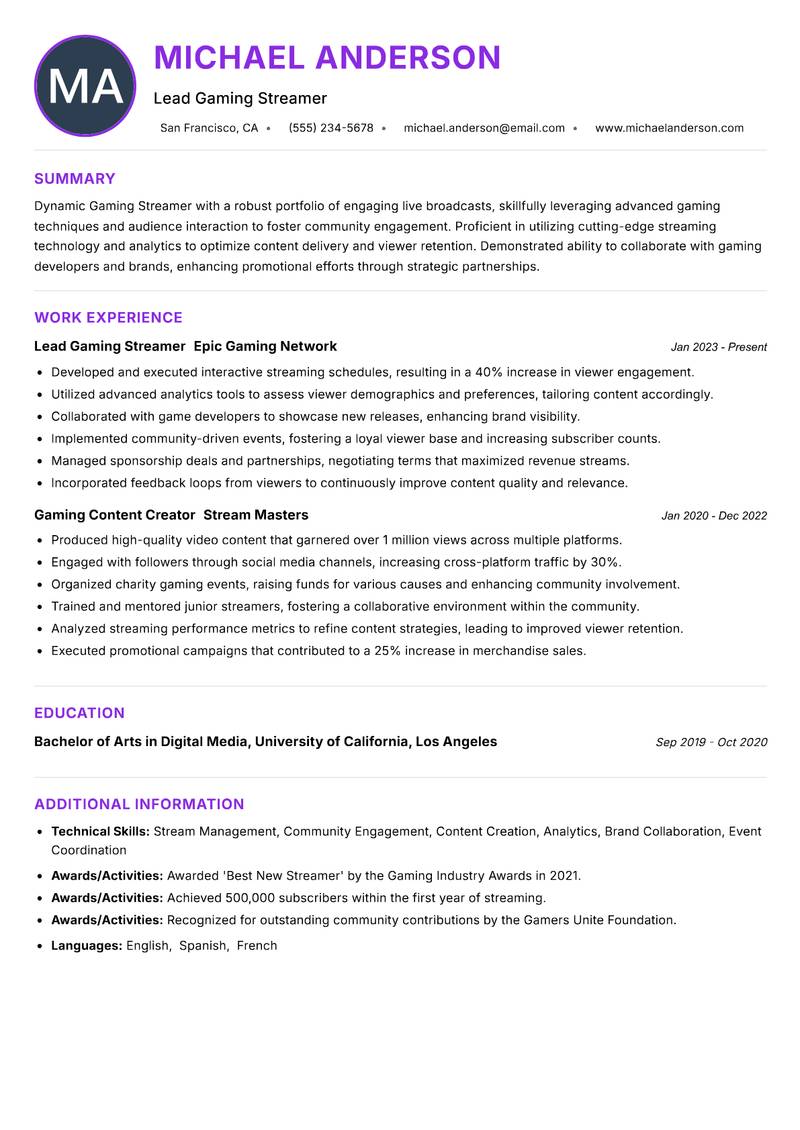 Gaming Streamer Resume Preview Example