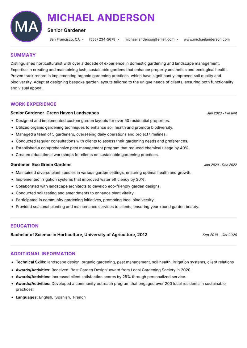 Gardener Domestic Resume Preview Example