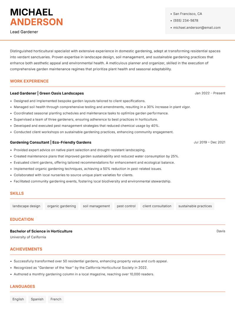 Gardener Domestic Resume Template