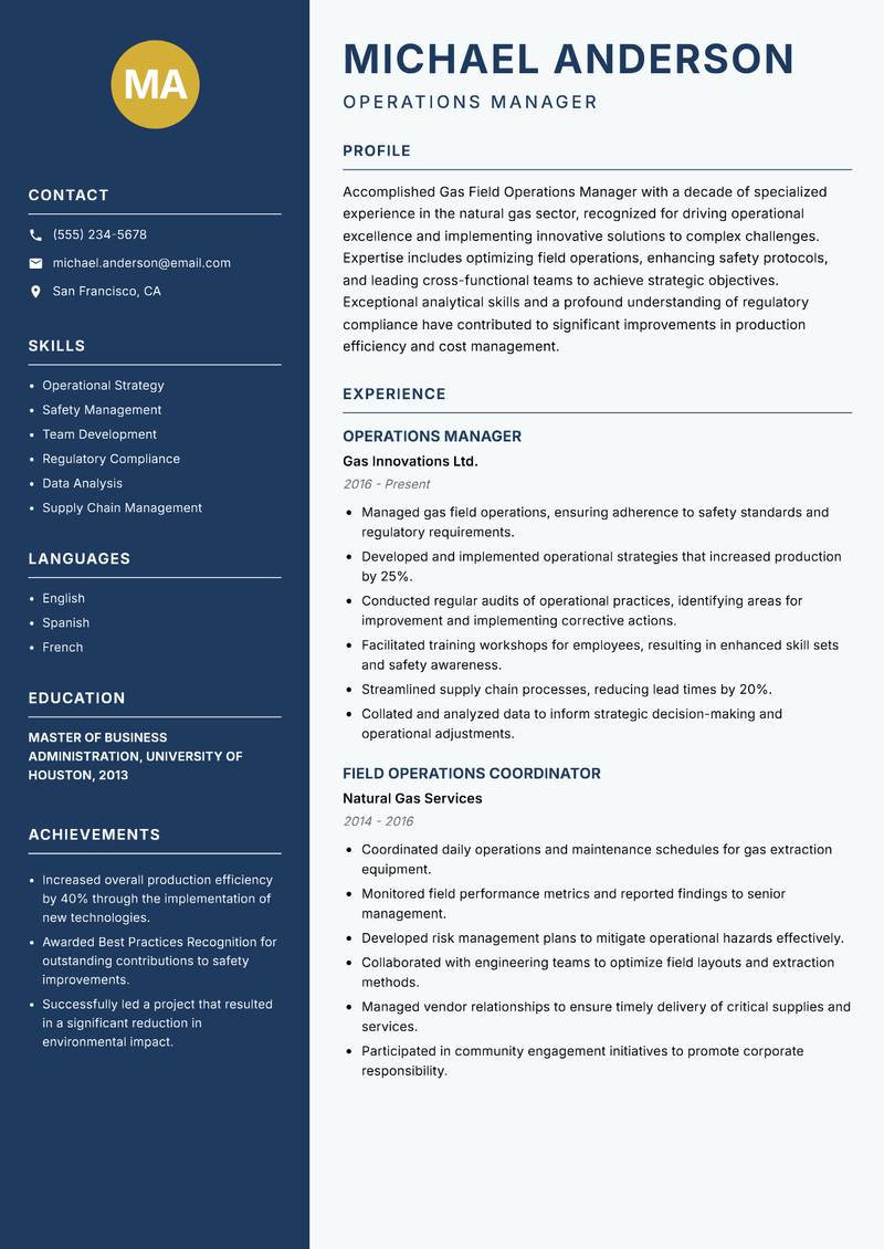 Gas Field Operations Manager Resume Preview Example