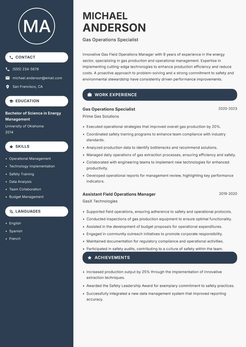 Gas Field Operations Manager Resume Preview Example