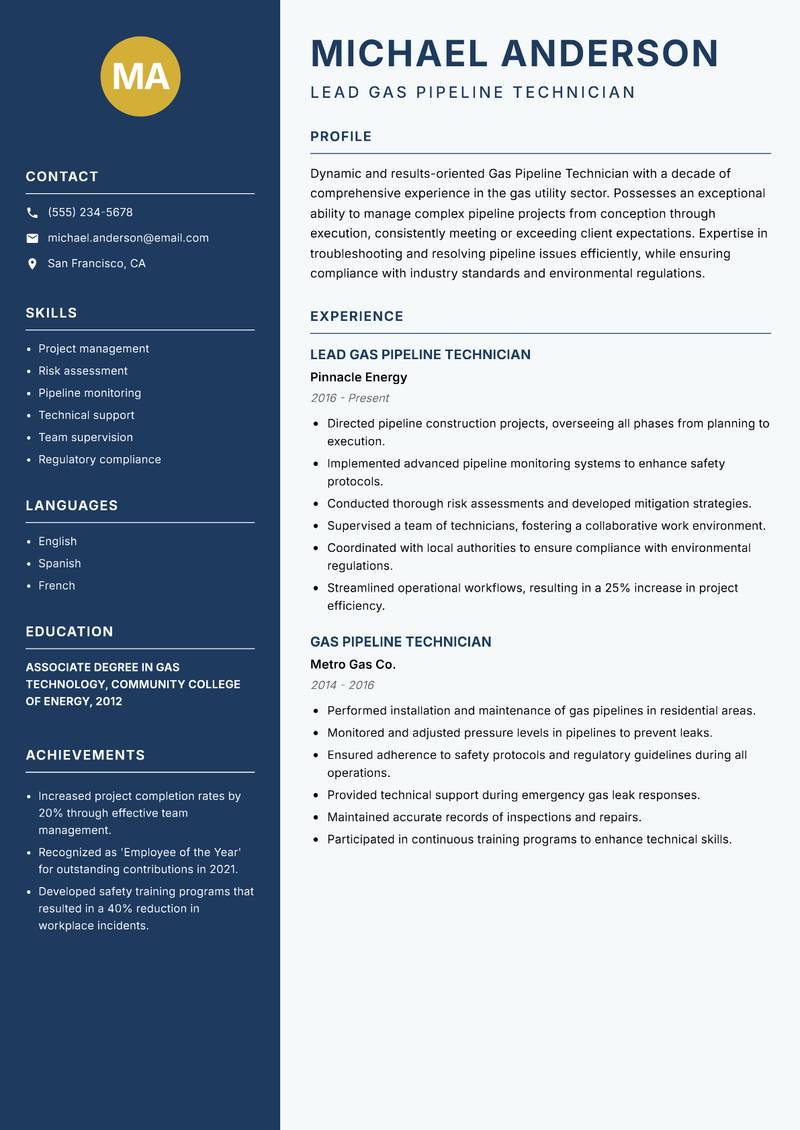 Gas Pipeline Technician Resume Preview Example
