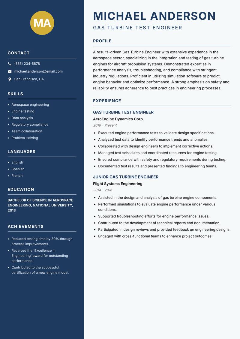 Gas Turbine Engineer Resume Preview Example