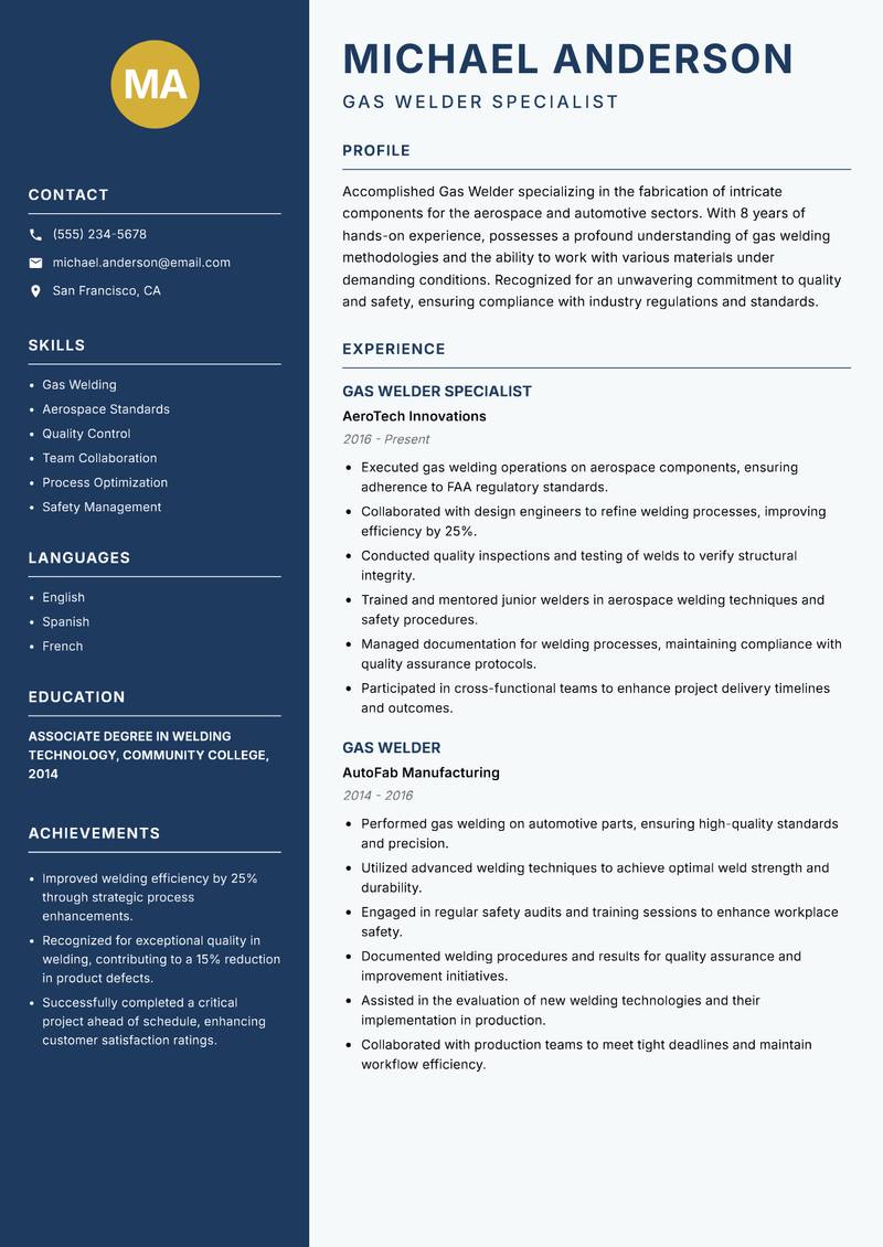 Gas Welder Resume Preview Example