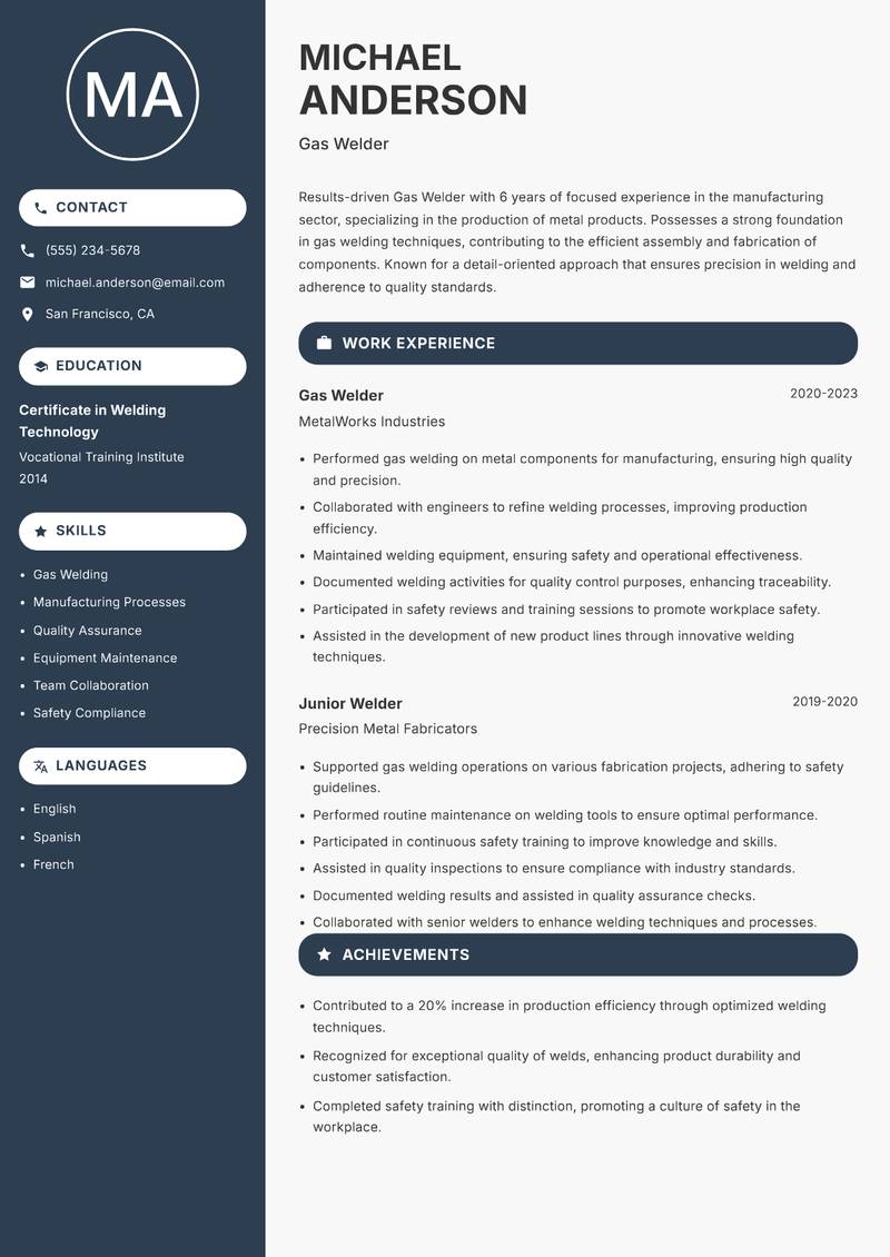 Gas Welder Resume Preview Example