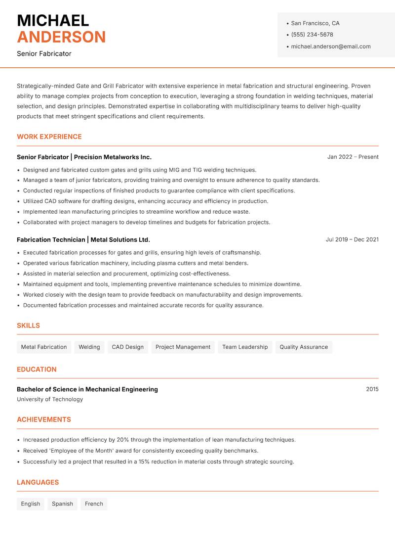 Gate and Grill Fabricator Resume Template
