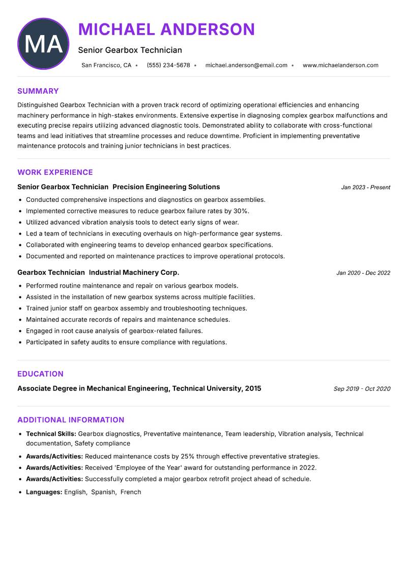Gearbox Technician Resume Preview Example