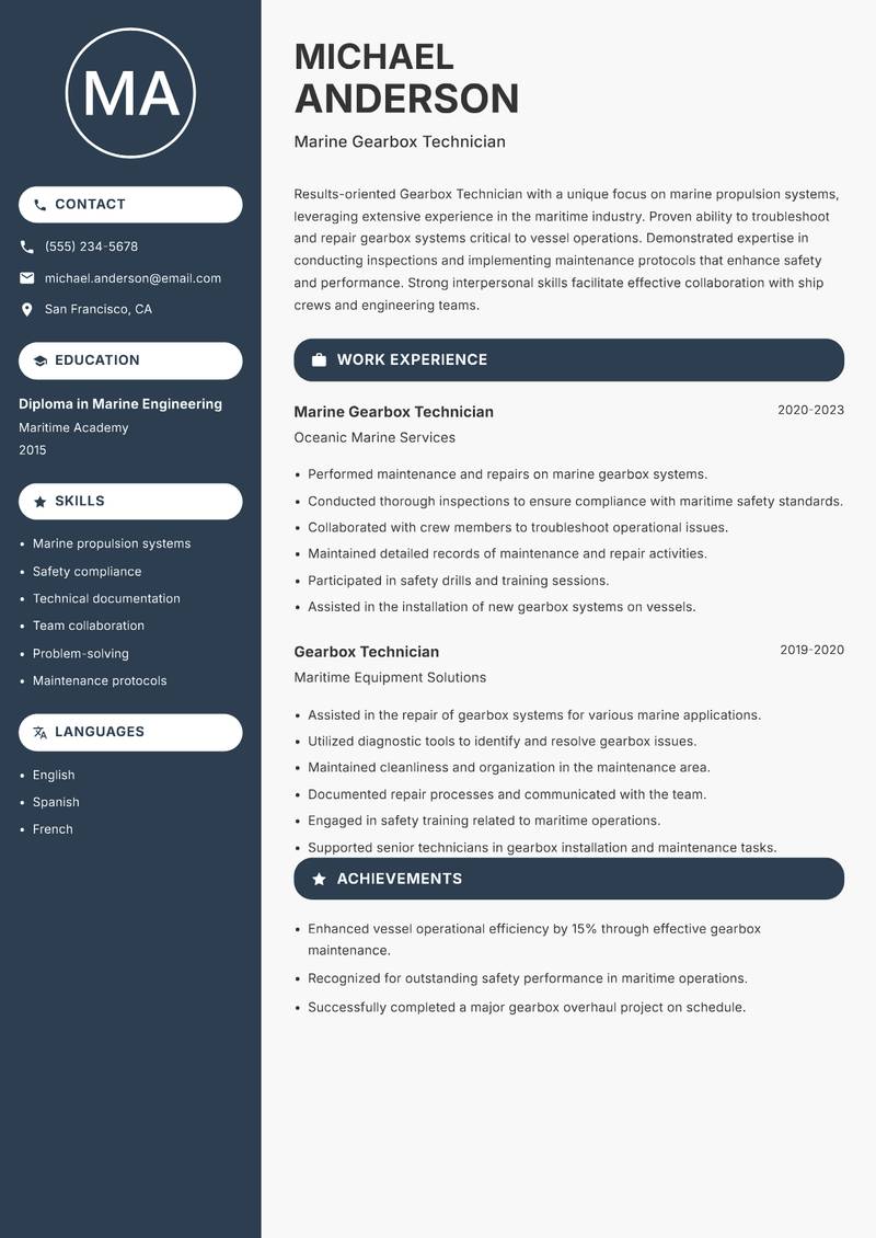 Gearbox Technician Resume Preview Example