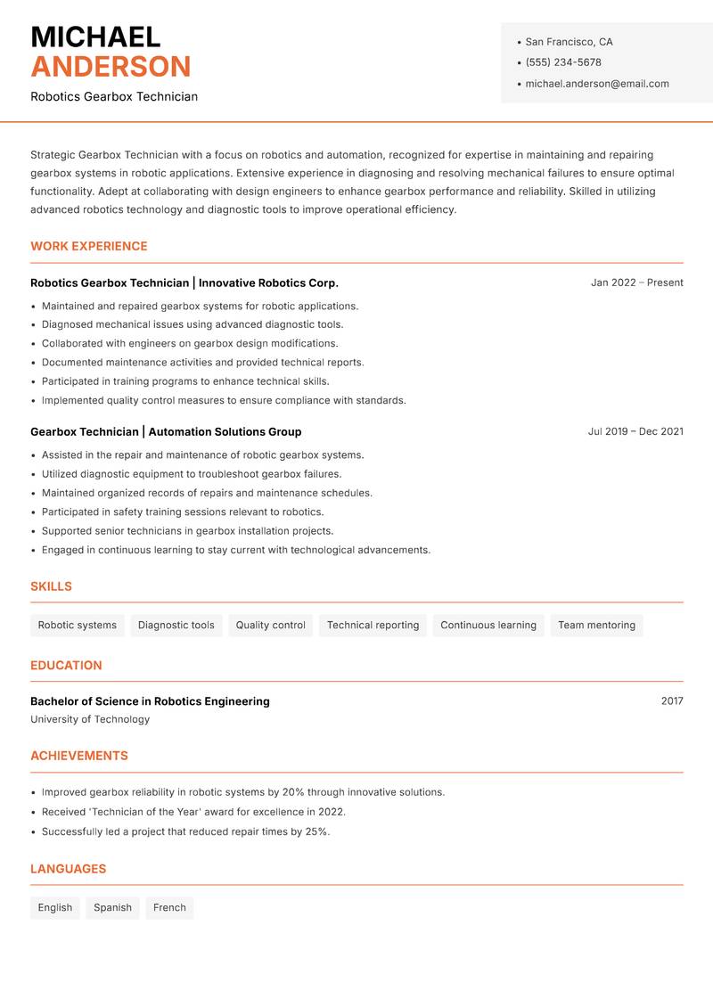 Gearbox Technician Resume Template