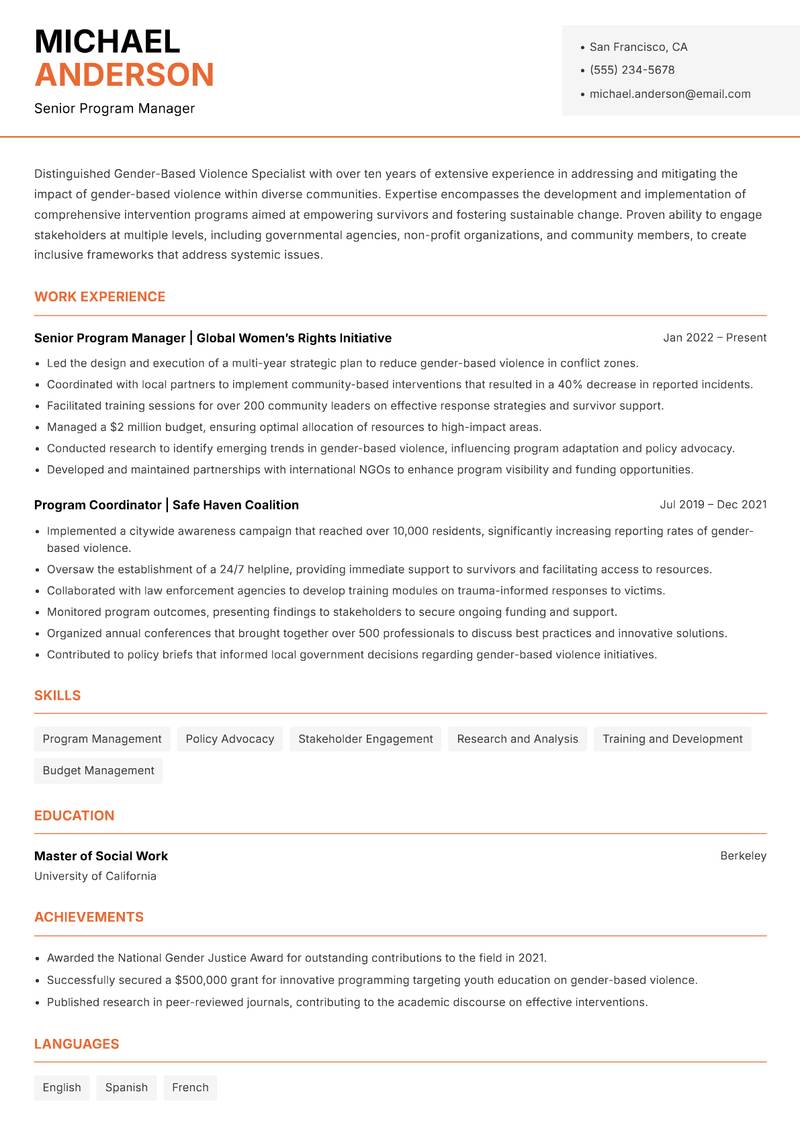 Gender-Based Violence Specialist Resume Template