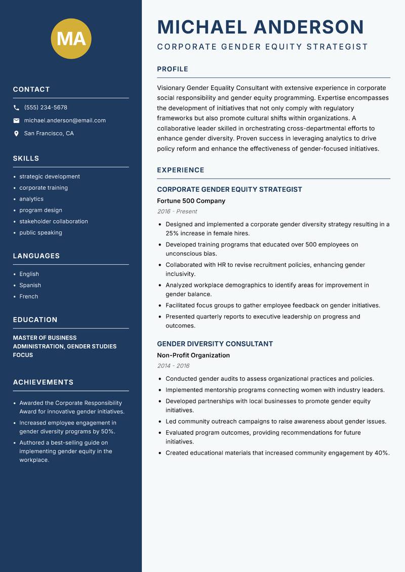 Gender Equality Consultant Resume Preview Example