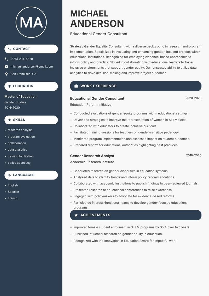 Gender Equality Consultant Resume Preview Example