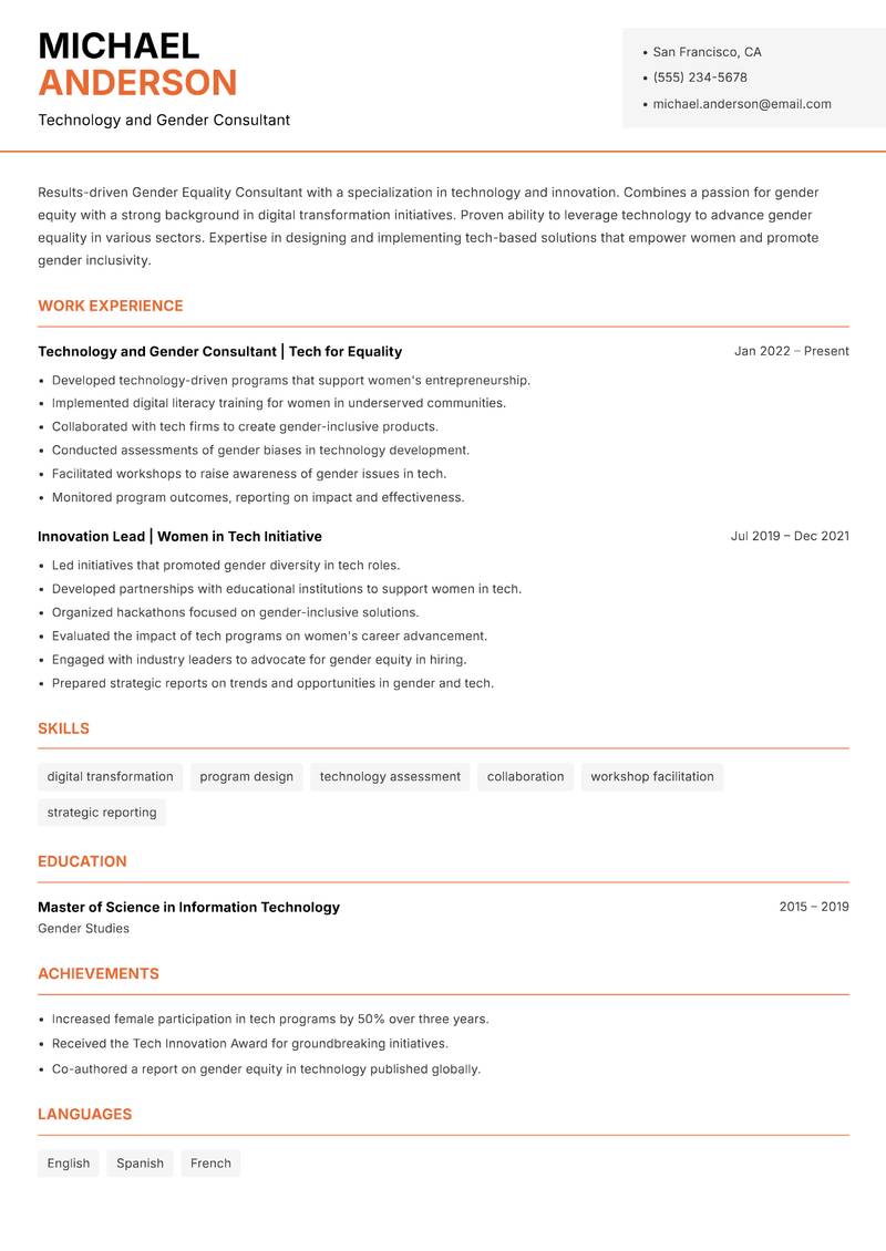 Gender Equality Consultant Resume Template