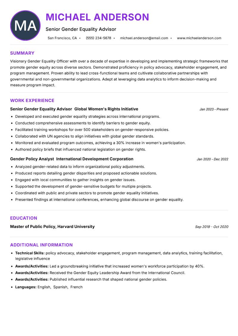 Gender Equality Officer Resume Preview Example