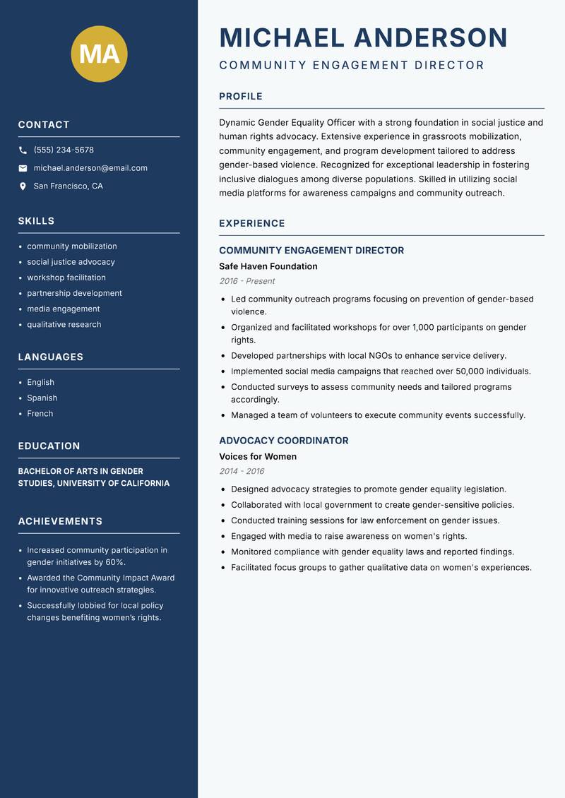 Gender Equality Officer Resume Preview Example