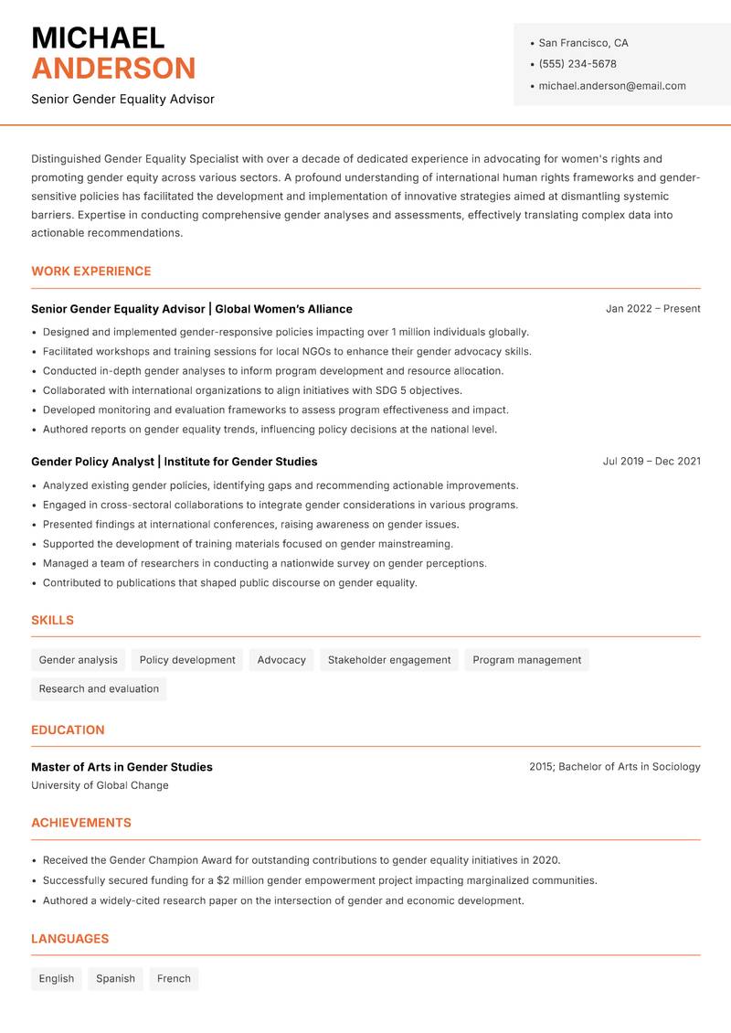 Gender Equality Specialist Resume Template