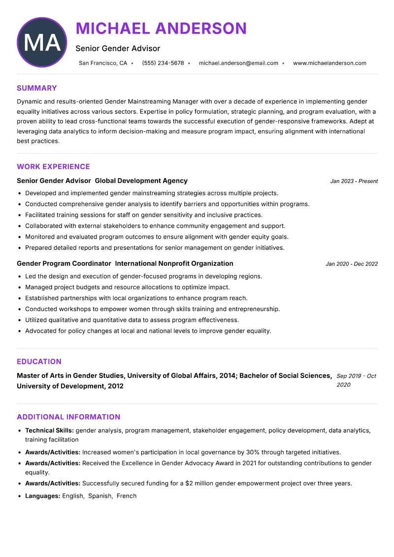Gender Mainstreaming Manager Resume Preview Example