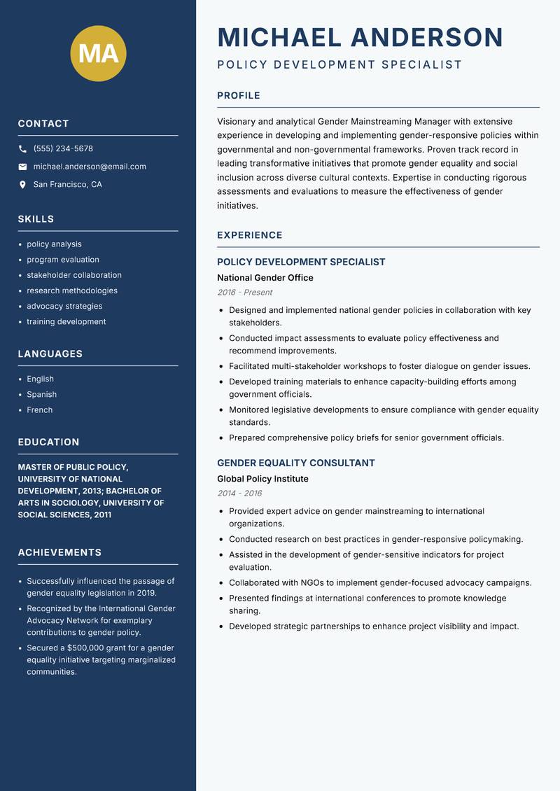 Gender Mainstreaming Manager Resume Preview Example