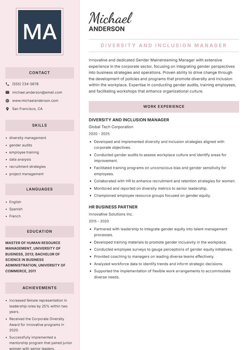 Gender Mainstreaming Manager Resume Preview Example