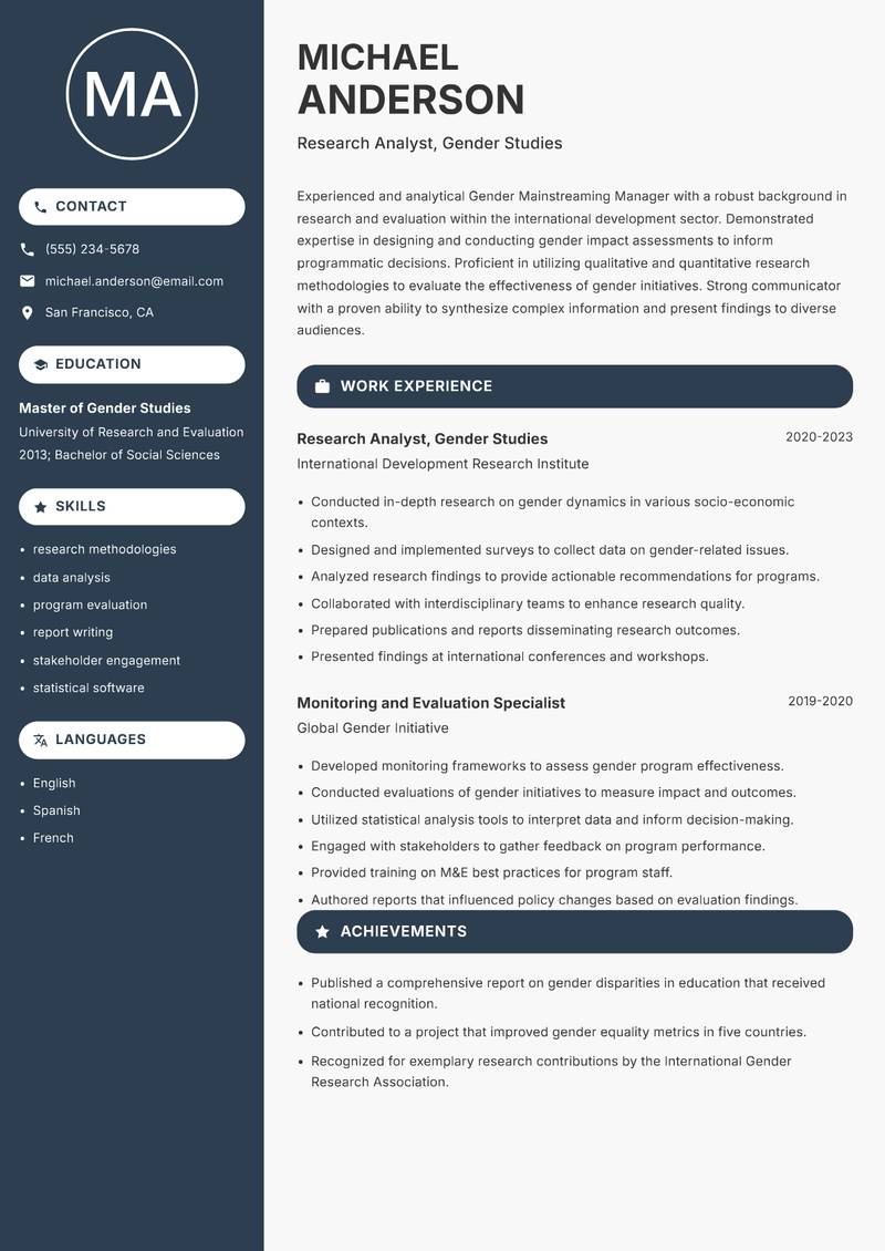 Gender Mainstreaming Manager Resume Preview Example