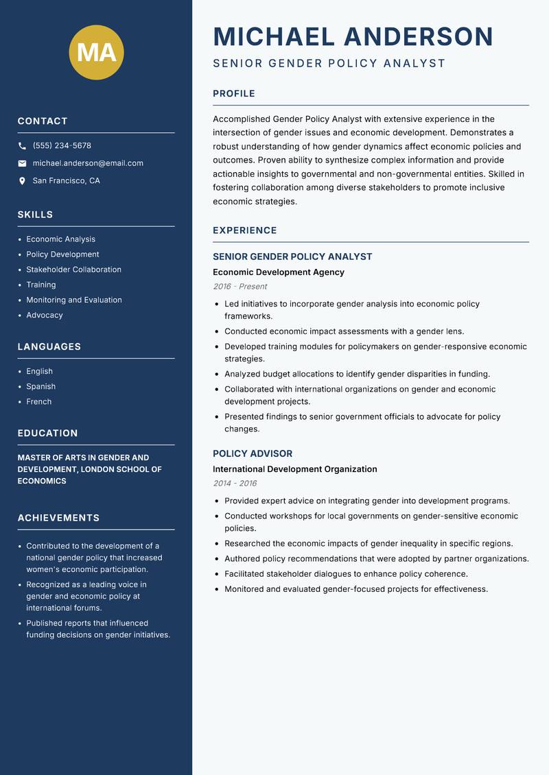 Gender Policy Analyst Resume Preview Example