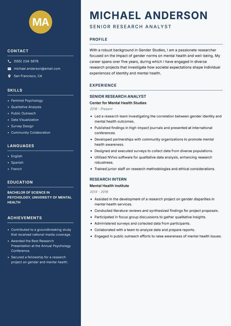 Gender Studies Researcher Resume Preview Example