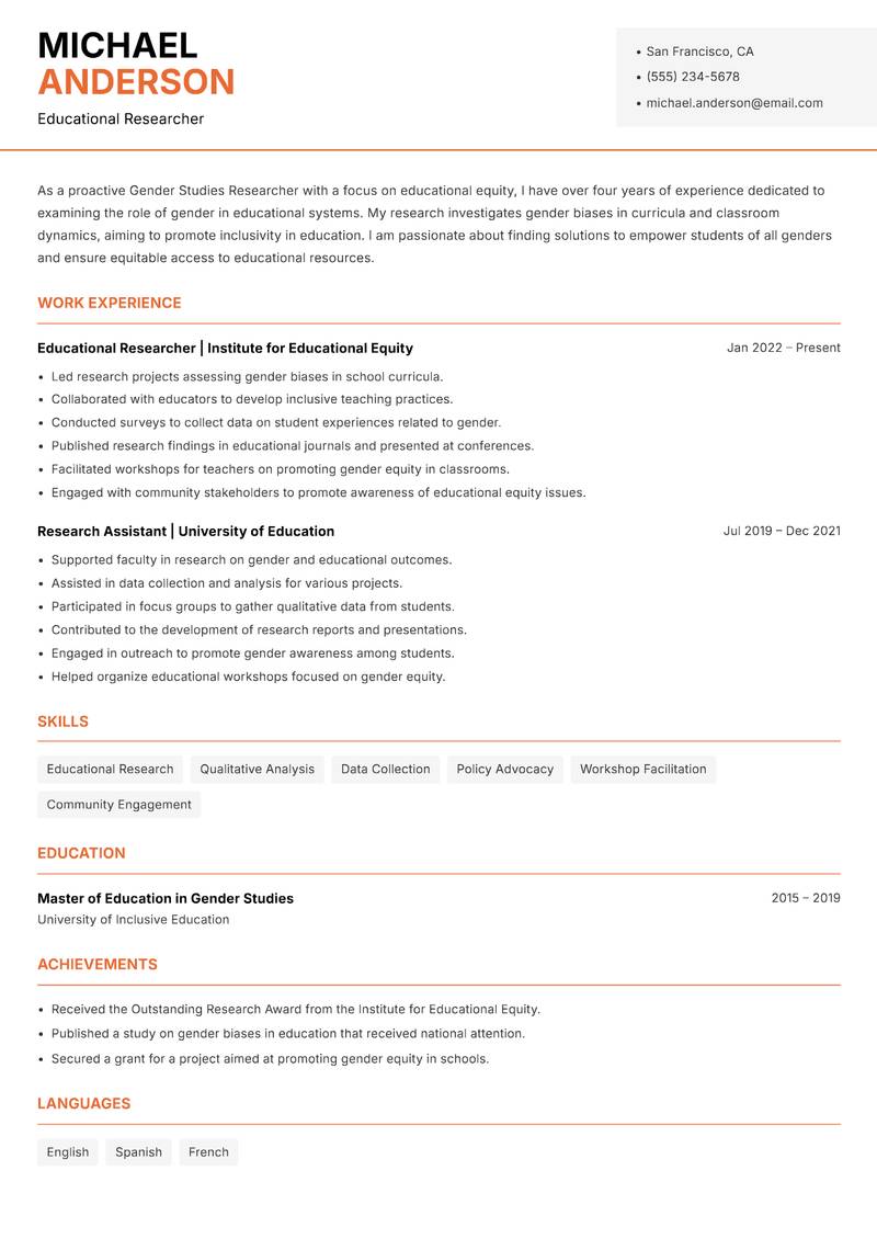 Gender Studies Researcher Resume Template
