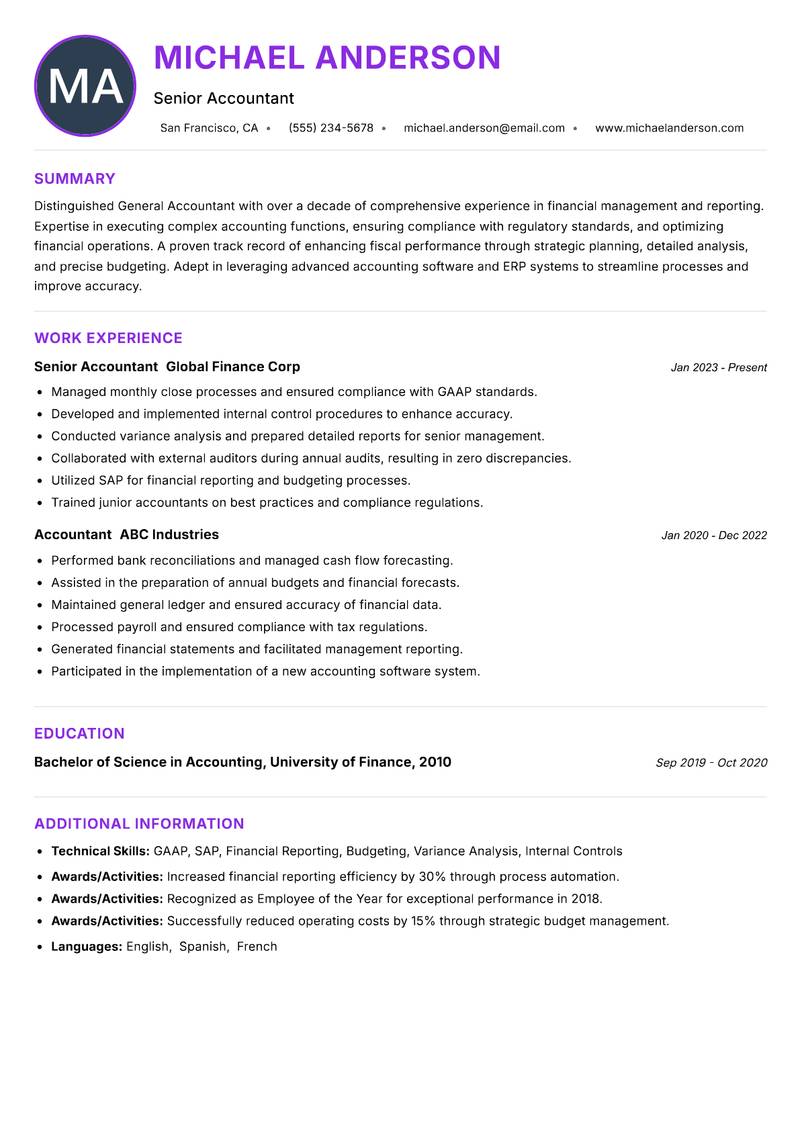 General Accountant Resume Preview Example