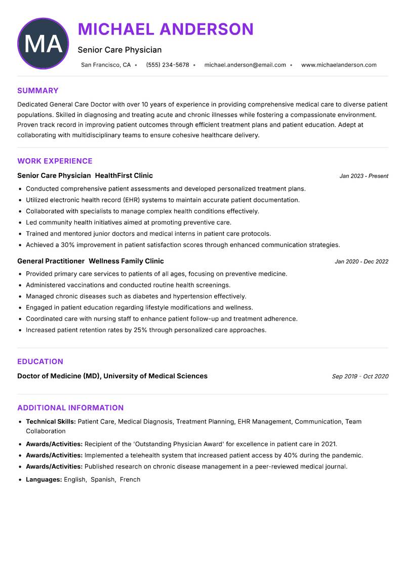 General Care Doctor Resume Preview Example