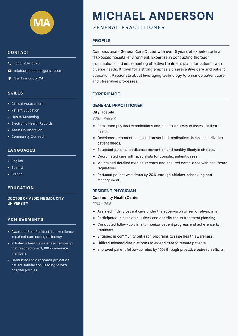 General Care Doctor Resume Preview Example