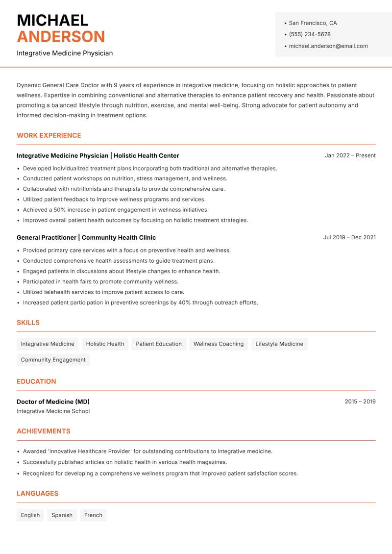 General Care Doctor Resume Template