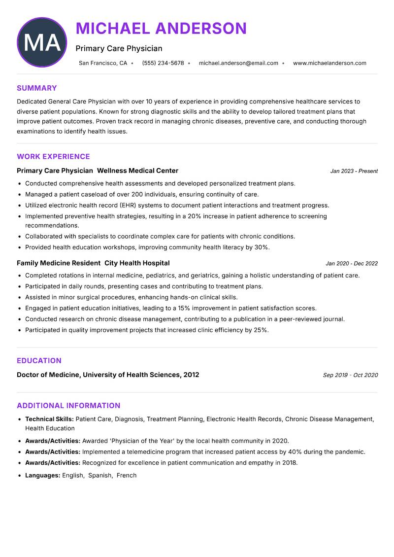 General Care Physician Resume Preview Example