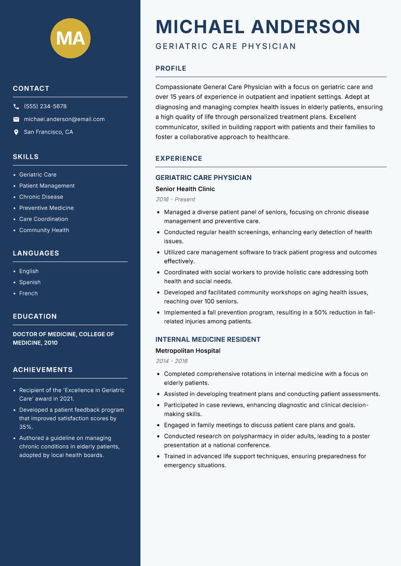 General Care Physician Resume Preview Example