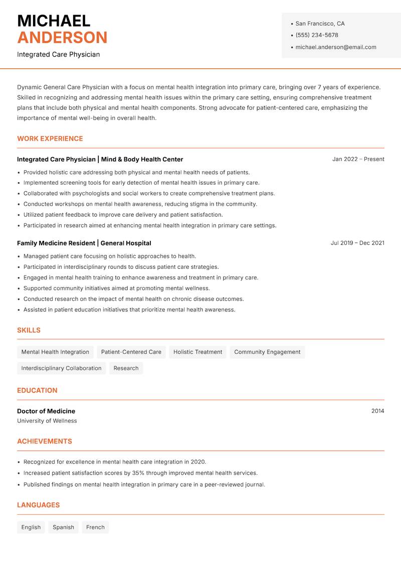 General Care Physician Resume Template