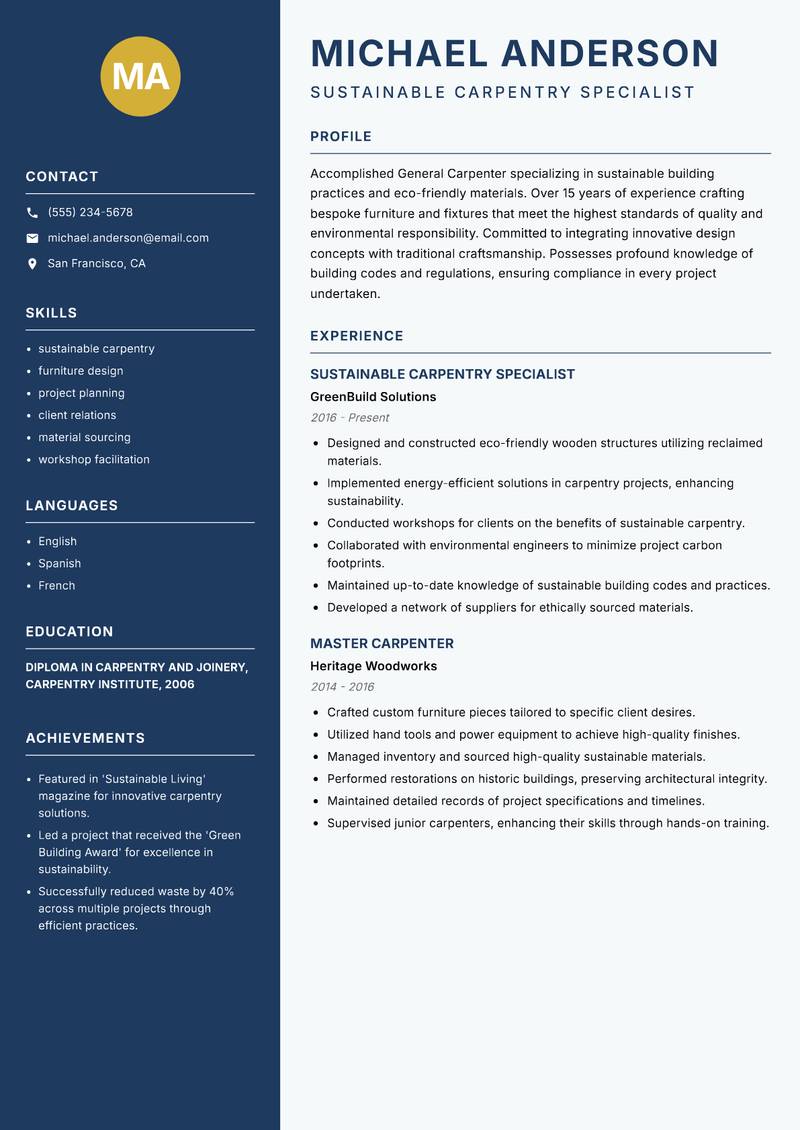 General Carpenter Resume Preview Example