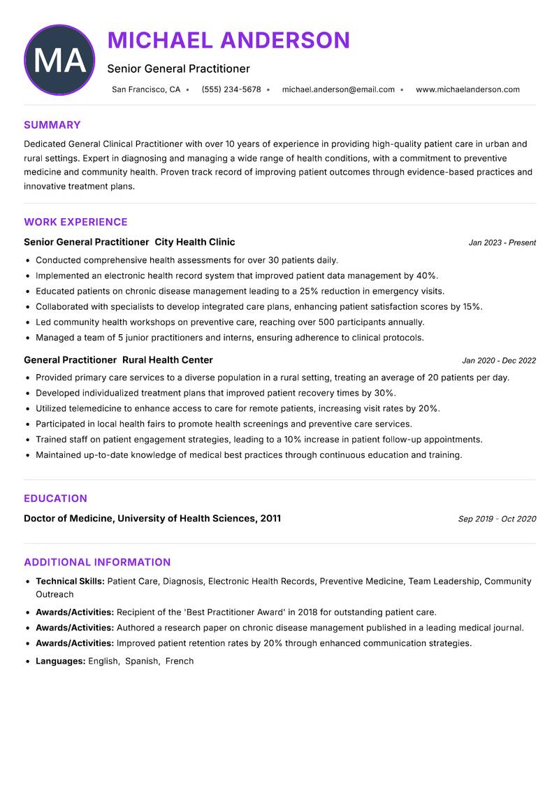General Clinical Practitioner Resume Preview Example